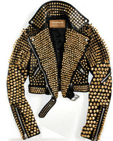 Custom Black Leather Jacket with Golden Studs | Handmade Rock & Roll Fashion | Statement Spiked Jacket | Punk, Goth, or Festival Wear